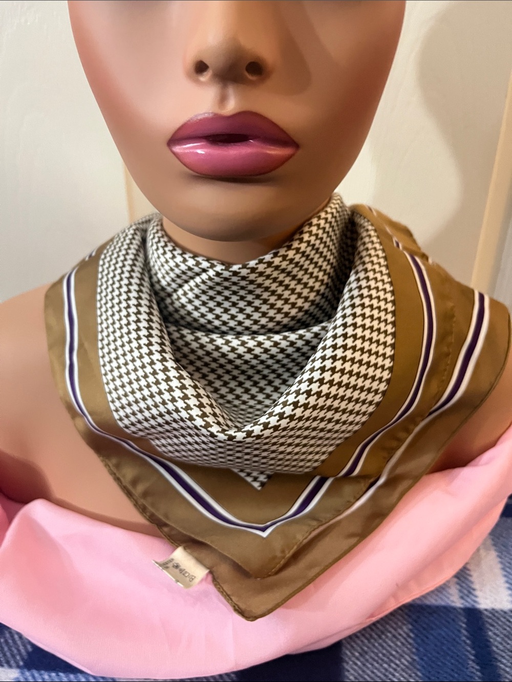 Silky Brown & Cream Houndstooth Neck Scarf with Striped Edge